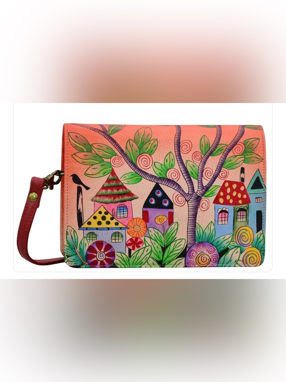 Anuschka Two Fold wallet on string -1845 Pink Hand-Painted Village